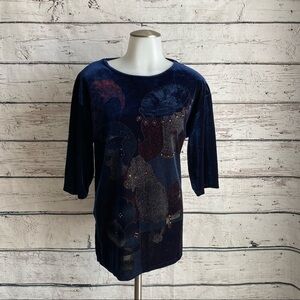 Navy velvet top with printed woman and diamanté
